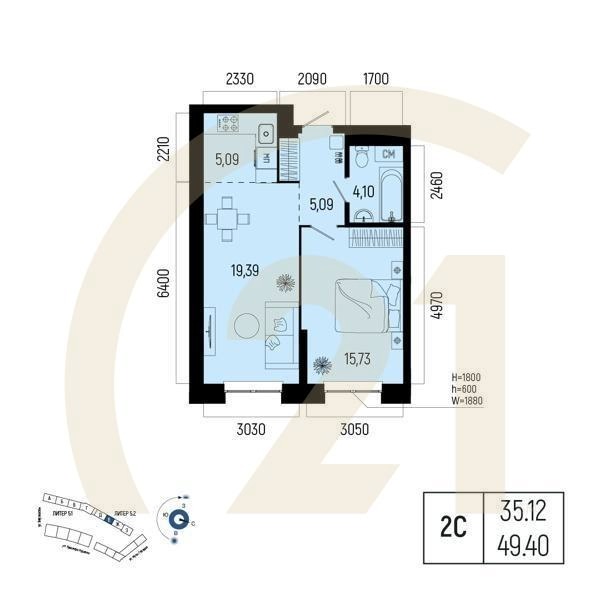 Студия, 49.4 м², 2-4 этаж