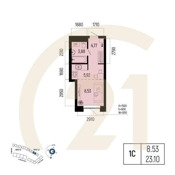 Студия, 23.1 м², 10 этаж