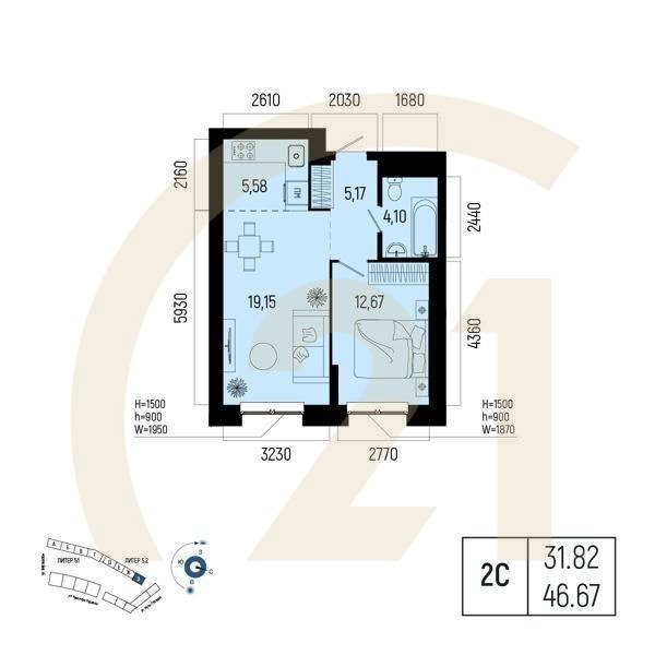 Студия, 46.67 м², 2-9 этаж