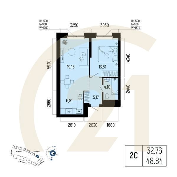 Студия, 48.84 м², 2-9 этаж