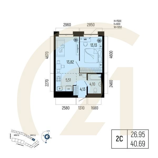 Студия, 40.69 м², 2-9 этаж