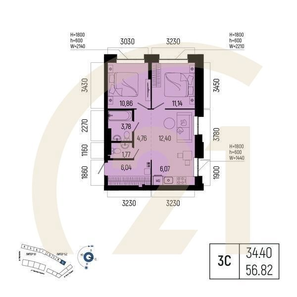Студия, 56.82 м², 14-19 этаж
