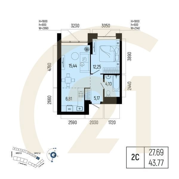 Студия, 43.77 м², 14-23 этаж