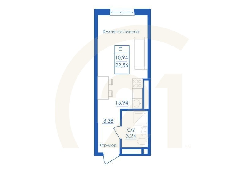 Студия, 22.56 м², 1 этаж
