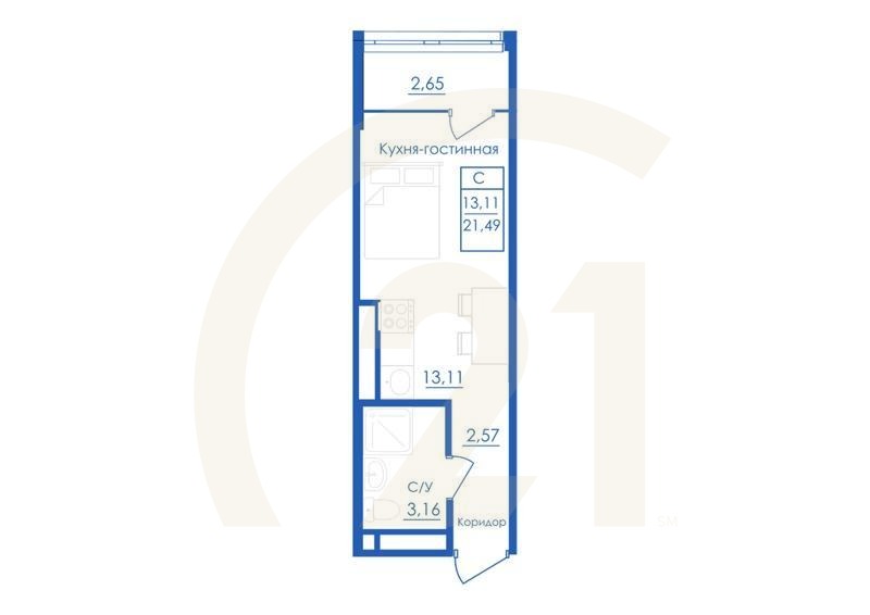 Студия, 21.49 м², 2-25 этаж