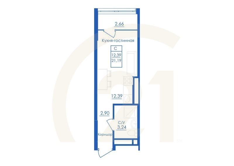 Студия, 21.19 м², 2-25 этаж