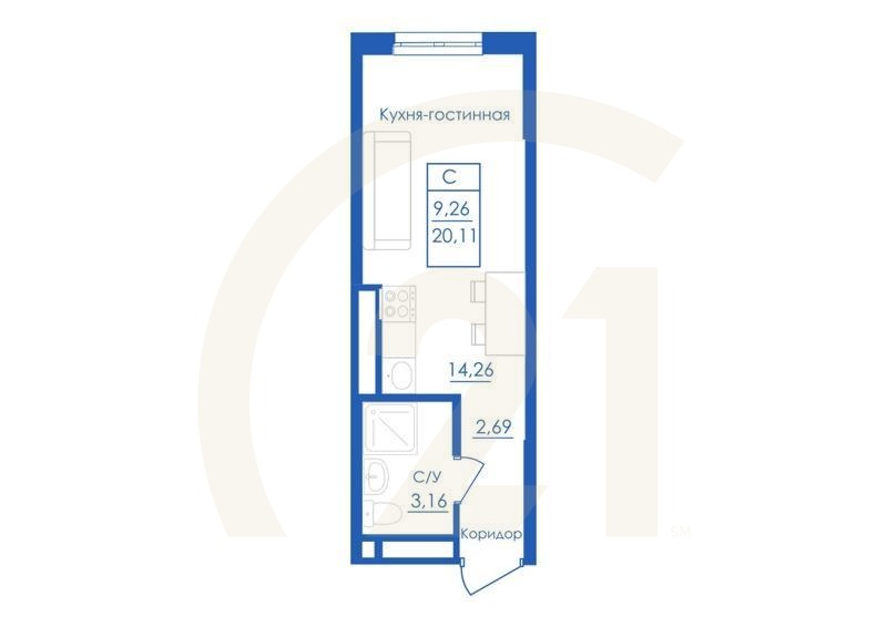 Студия, 20.11 м², 1 этаж