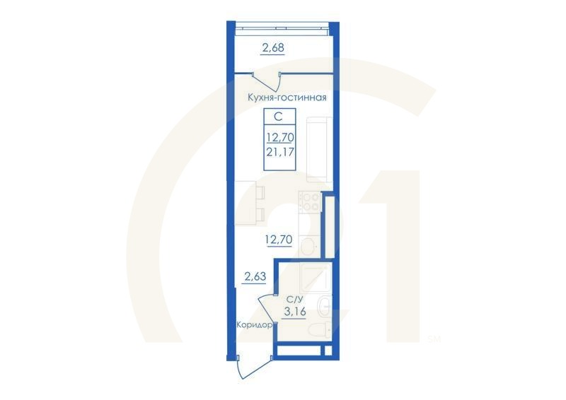 Студия, 21.17 м², 2-25 этаж