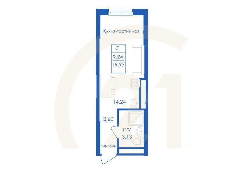 Студия, 19.97 м², 1 этаж