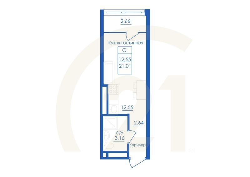 Студия, 21.01 м², 2-25 этаж