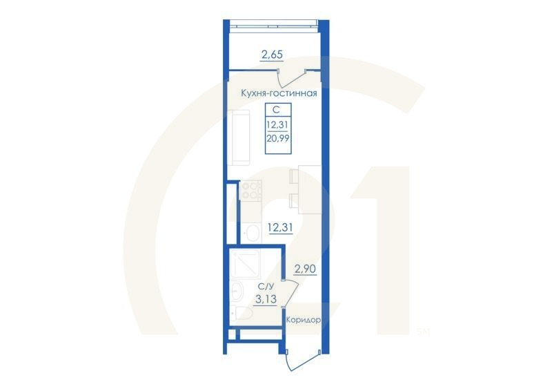 Студия, 20.99 м², 2-25 этаж