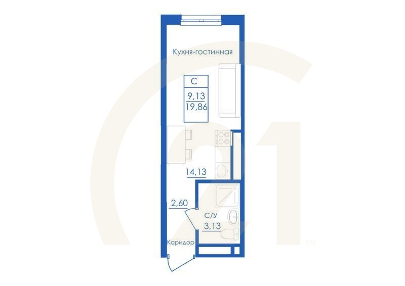 Студия, 19.86 м², 1 этаж
