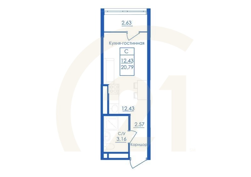 Студия, 20.79 м², 2-25 этаж