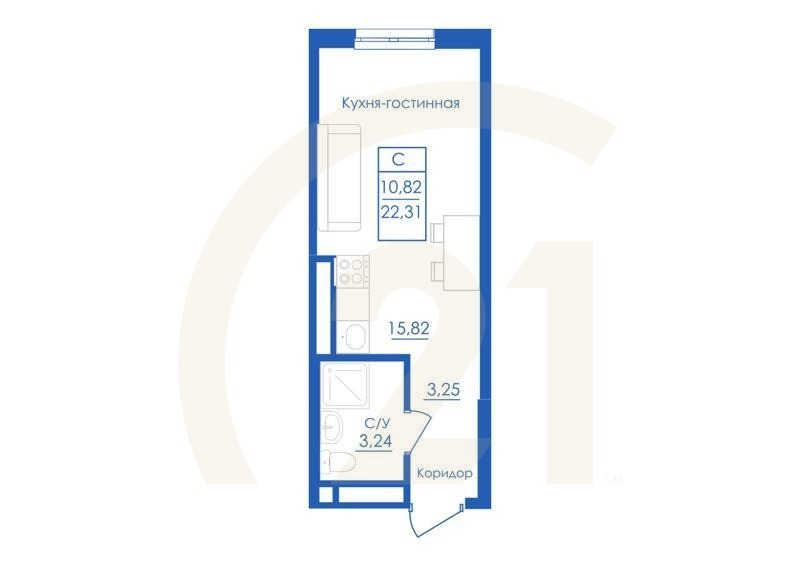 Студия, 22.31 м², 1 этаж