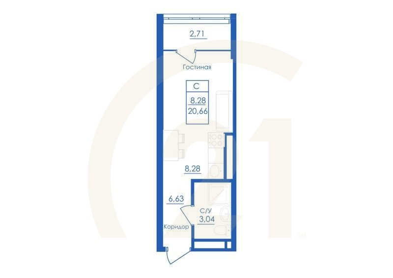 Студия, 20.66 м², 2-25 этаж