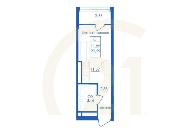 Студия, 20.59 м², 2-25 этаж