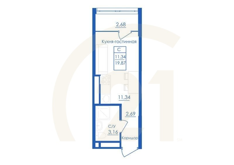 Студия, 19.87 м², 4-25 этаж