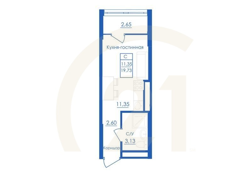 Студия, 19.73 м², 5-21 этаж