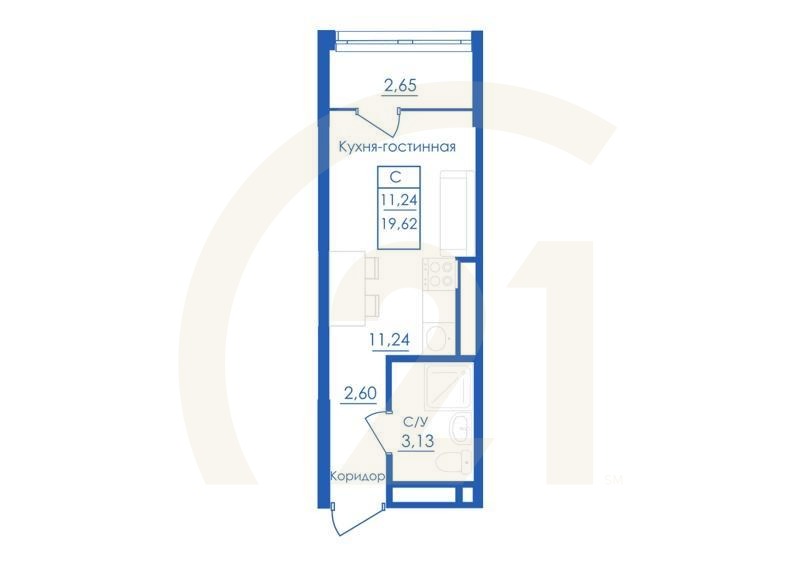 Студия, 19.62 м², 13-25 этаж