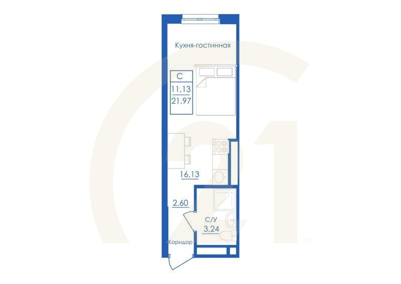 Студия, 21.97 м², 1 этаж