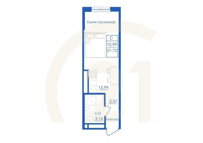 Студия, 21.72 м², 1 этаж