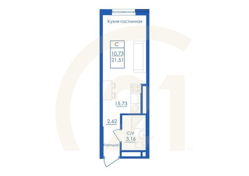 Студия, 21.51 м², 1 этаж