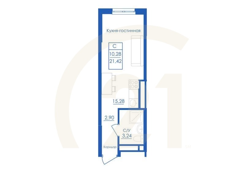 Студия, 21.42 м², 1 этаж