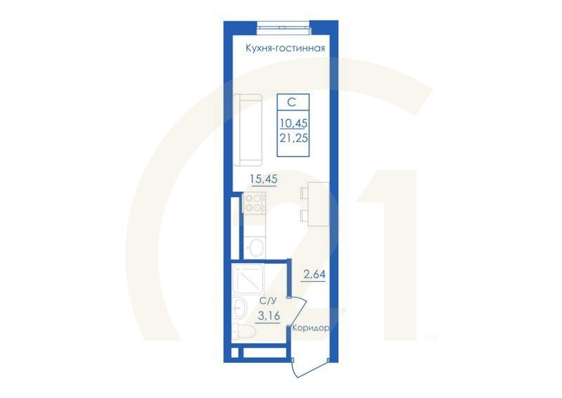 Студия, 21.25 м², 1 этаж