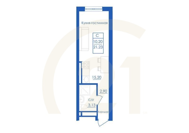 Студия, 21.23 м², 1 этаж