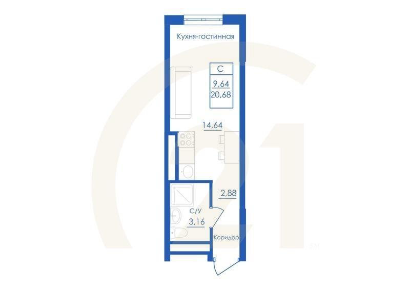 Студия, 20.68 м², 1 этаж