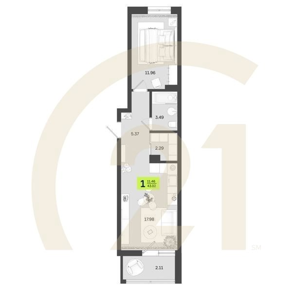 1-комн, 43.02 м², 2 этаж