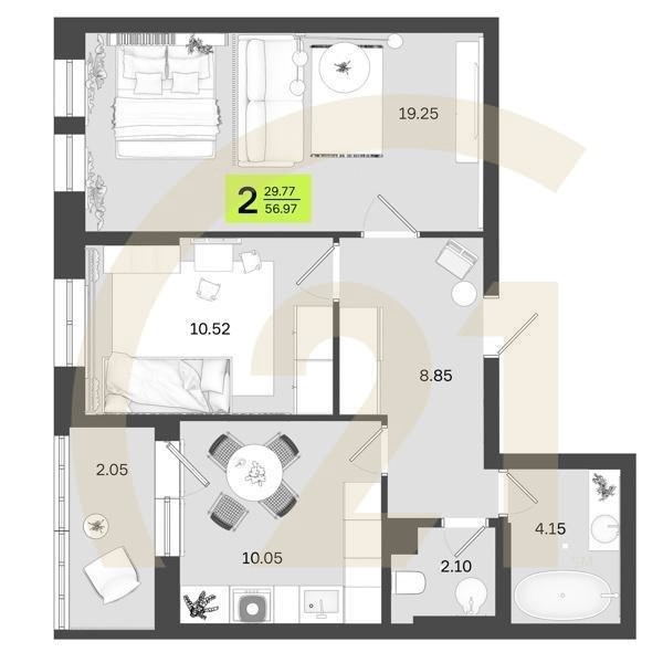 2-комн, 56.97 м², 2 этаж