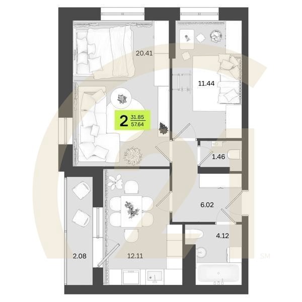 2-комн, 57.64 м², 7-9 этаж