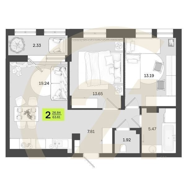 2-комн, 63.61 м², 2 этаж