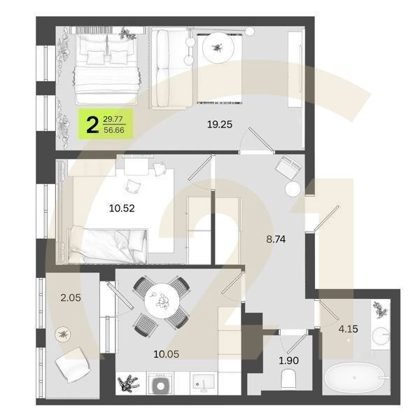 2-комн, 56.66 м², 13-14 этаж