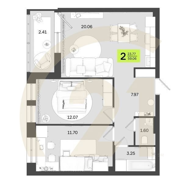 2-комн, 59.06 м², 2 этаж