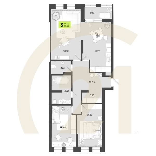 3-комн, 89.43 м², 2 этаж