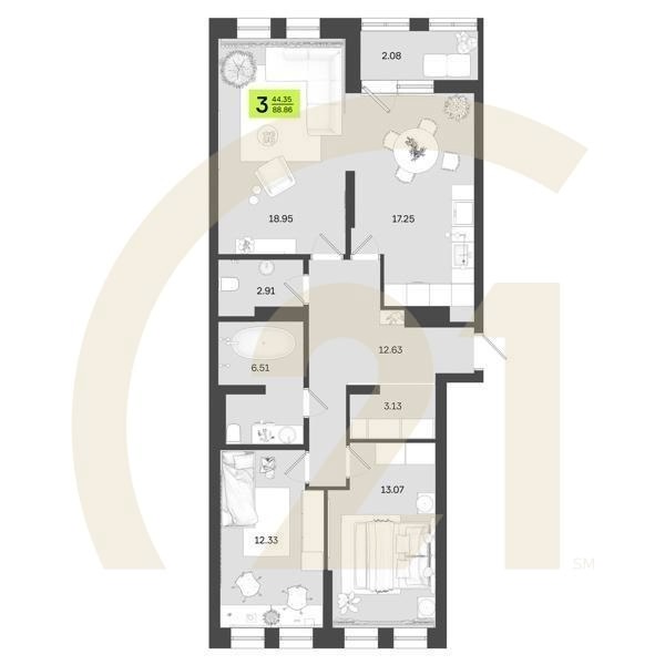 3-комн, 88.86 м², 3-13 этаж