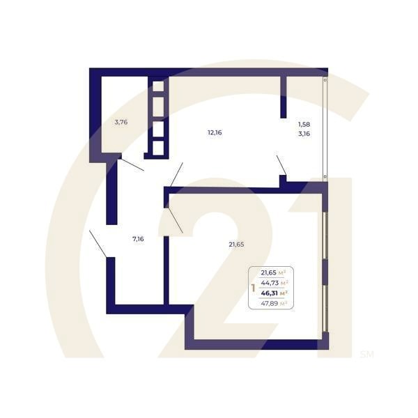 1-комн, 46.31 м², 2-25 этаж