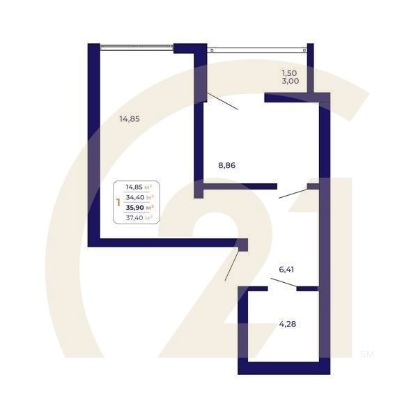 1-комн, 35.9 м², 1 этаж