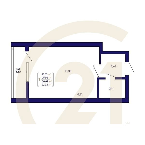 1-комн, 30.47 м², 1 этаж