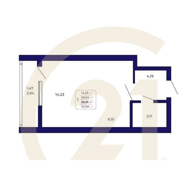 1-комн, 29.51 м², 1 этаж