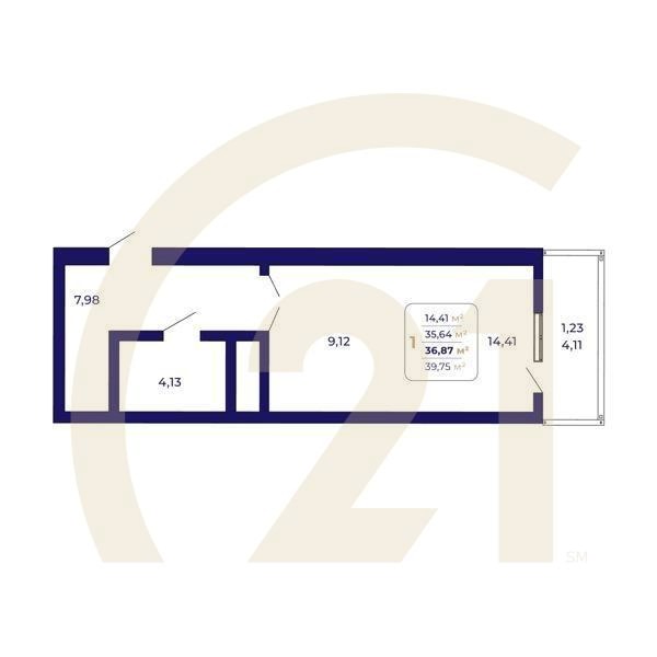1-комн, 36.87 м², 1 этаж