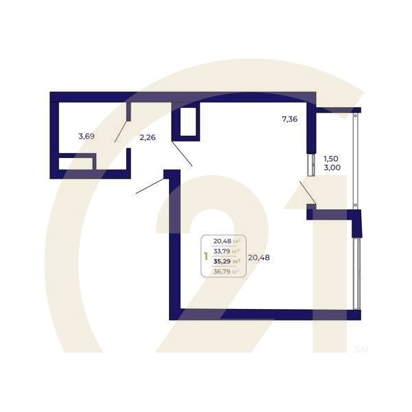 1-комн, 35.29 м², 2-25 этаж