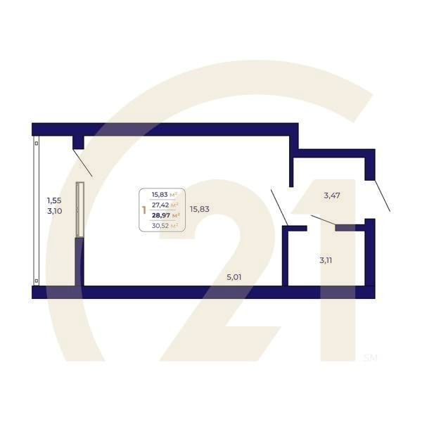 1-комн, 28.97 м², 2-25 этаж