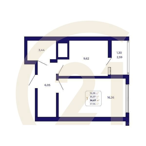 1-комн, 36.67 м², 2-23 этаж