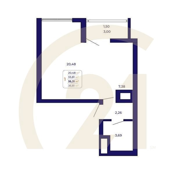 1-комн, 35.31 м², 2-25 этаж