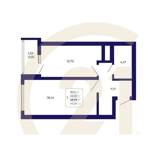 1-комн, 43.73 м², 2-25 этаж
