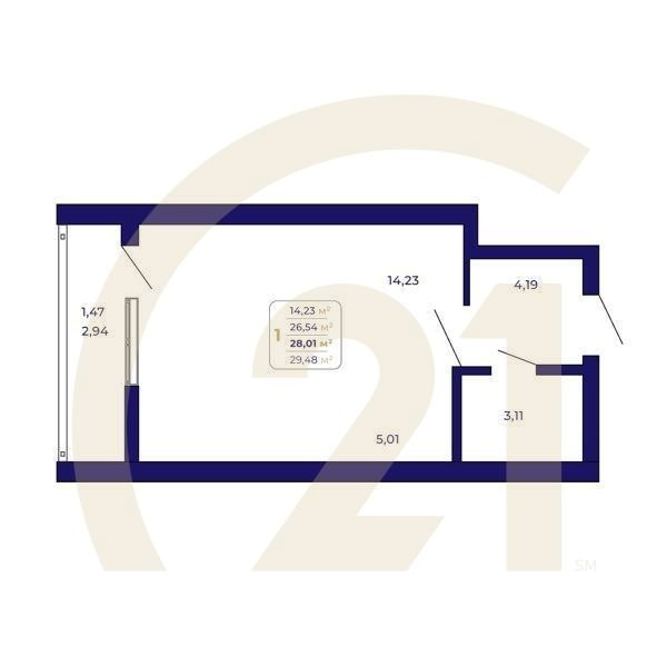 1-комн, 28.01 м², 3-25 этаж
