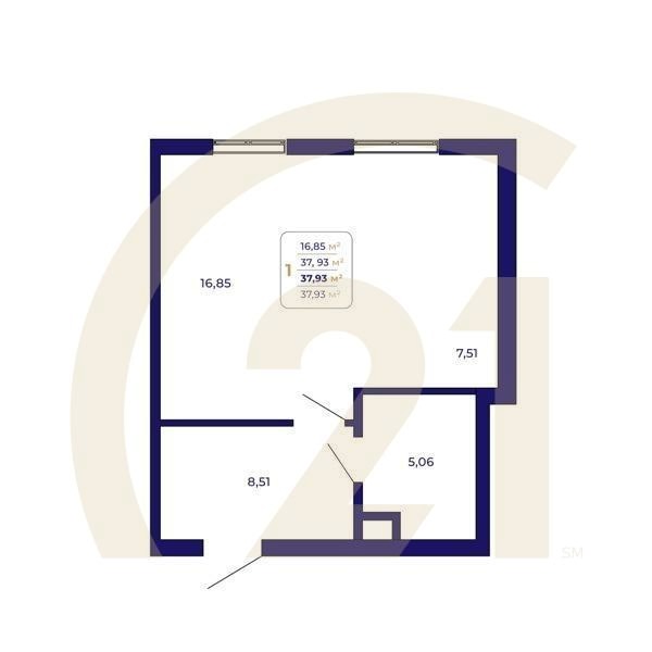 1-комн, 37.93 м², 1-2 этаж